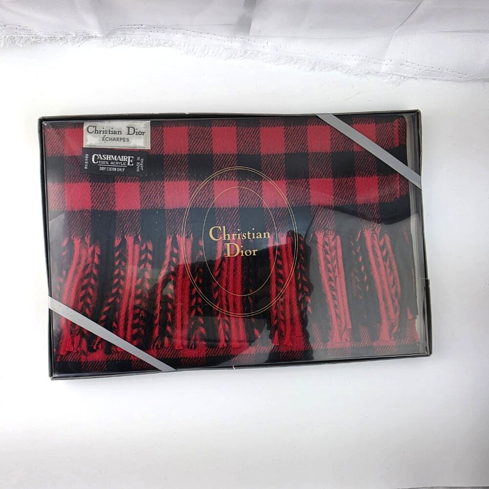 NIB NWT Christian Dior Red Black Plaid Scarf Cashmaire 100% Acrylic - Picture 2 of 4